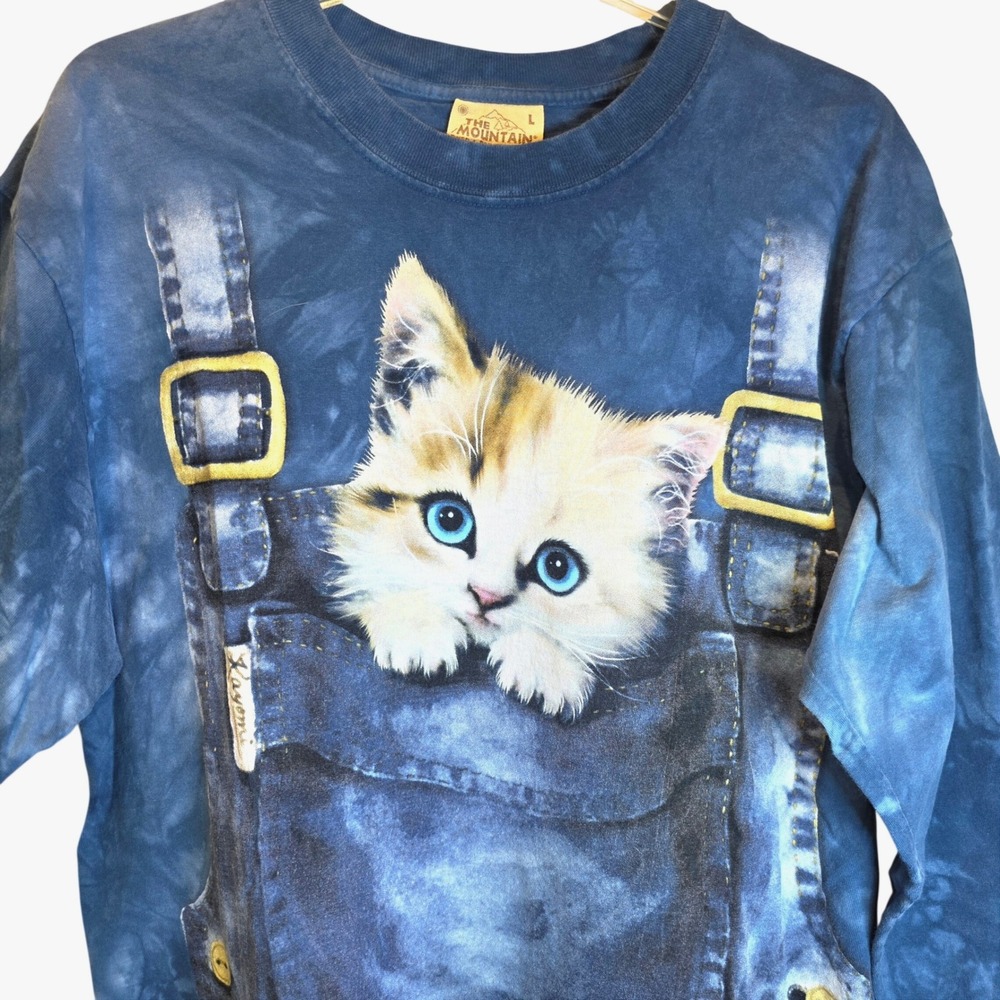 VTG Y2K The Mountain Long Sleeve Tee Shirt Cat Kitten Overalls Unisex Large Blue
